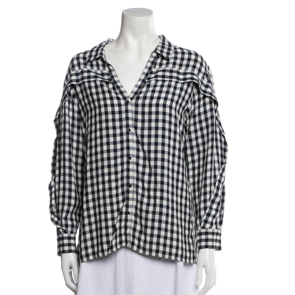 MAJE Plaid Print V-Neck Button-Up Top